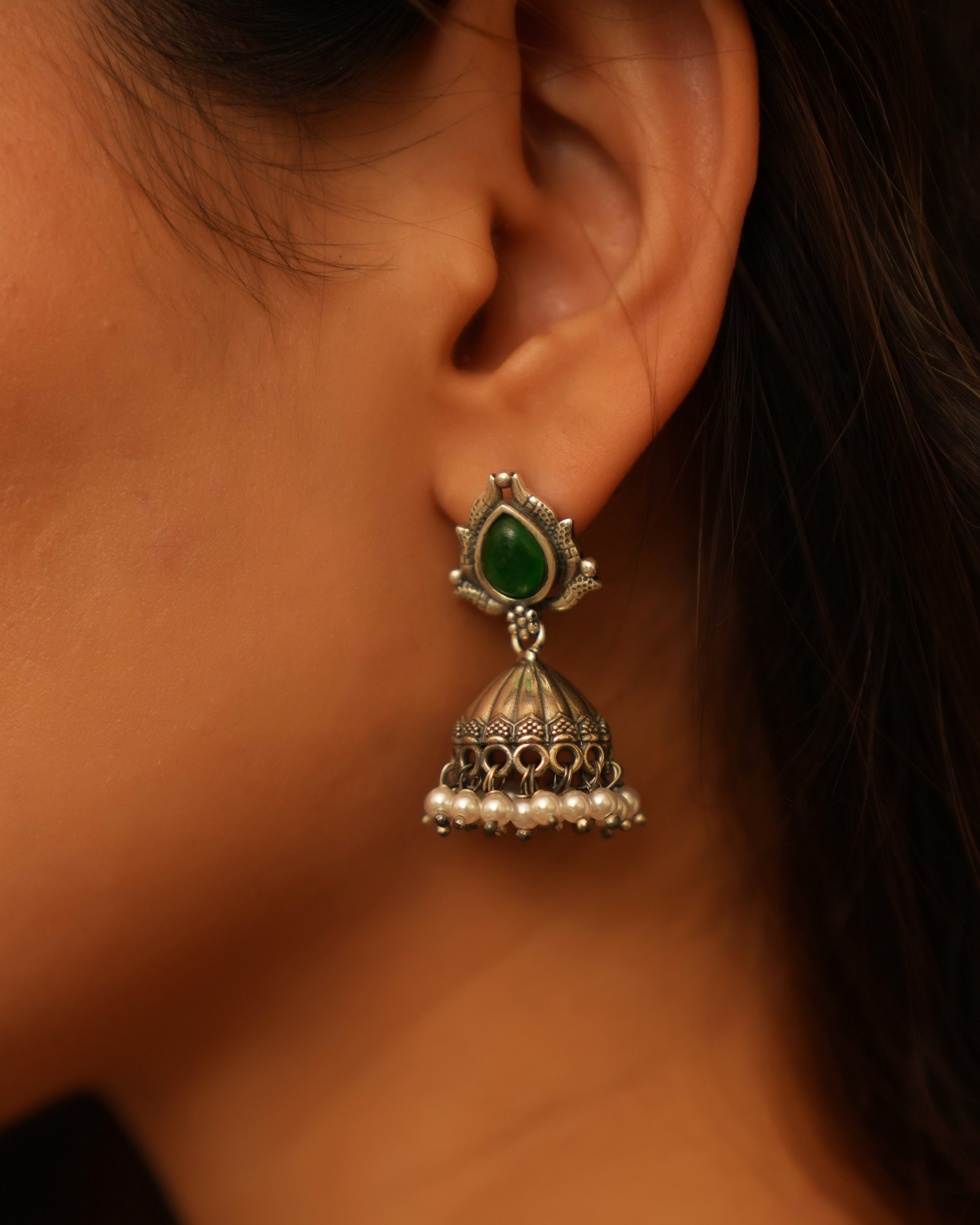 Exotic Emerald Oxidised  Silver Earrings